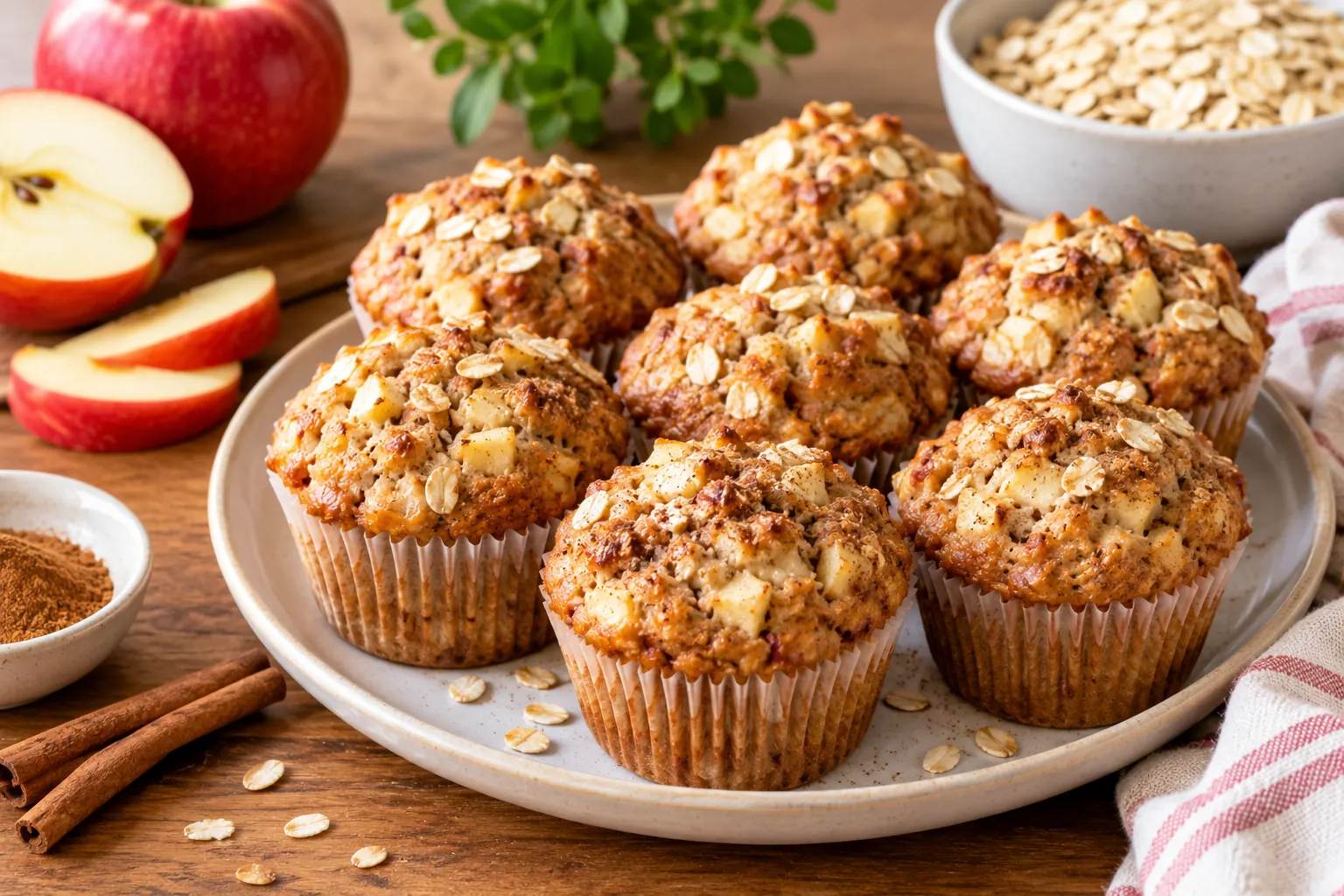 Apple cinnamon oat muffins with fresh apples and rolled oats