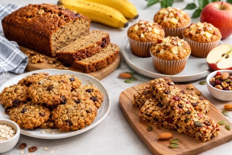 Healthy baking recipes with banana bread, oatmeal cookies, apple muffins, and granola bars