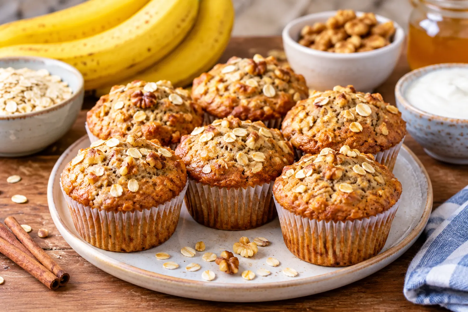 Healthy banana oat muffins with rolled oats and walnuts on a plate