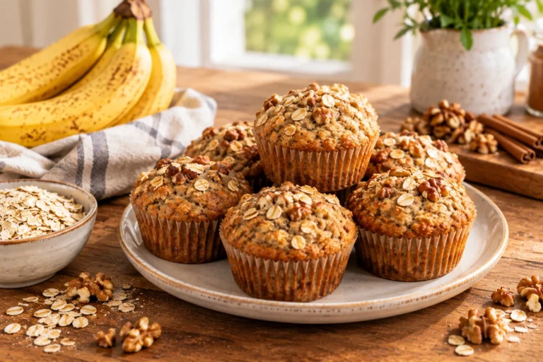 Healthy banana oat muffins with walnuts and oats.